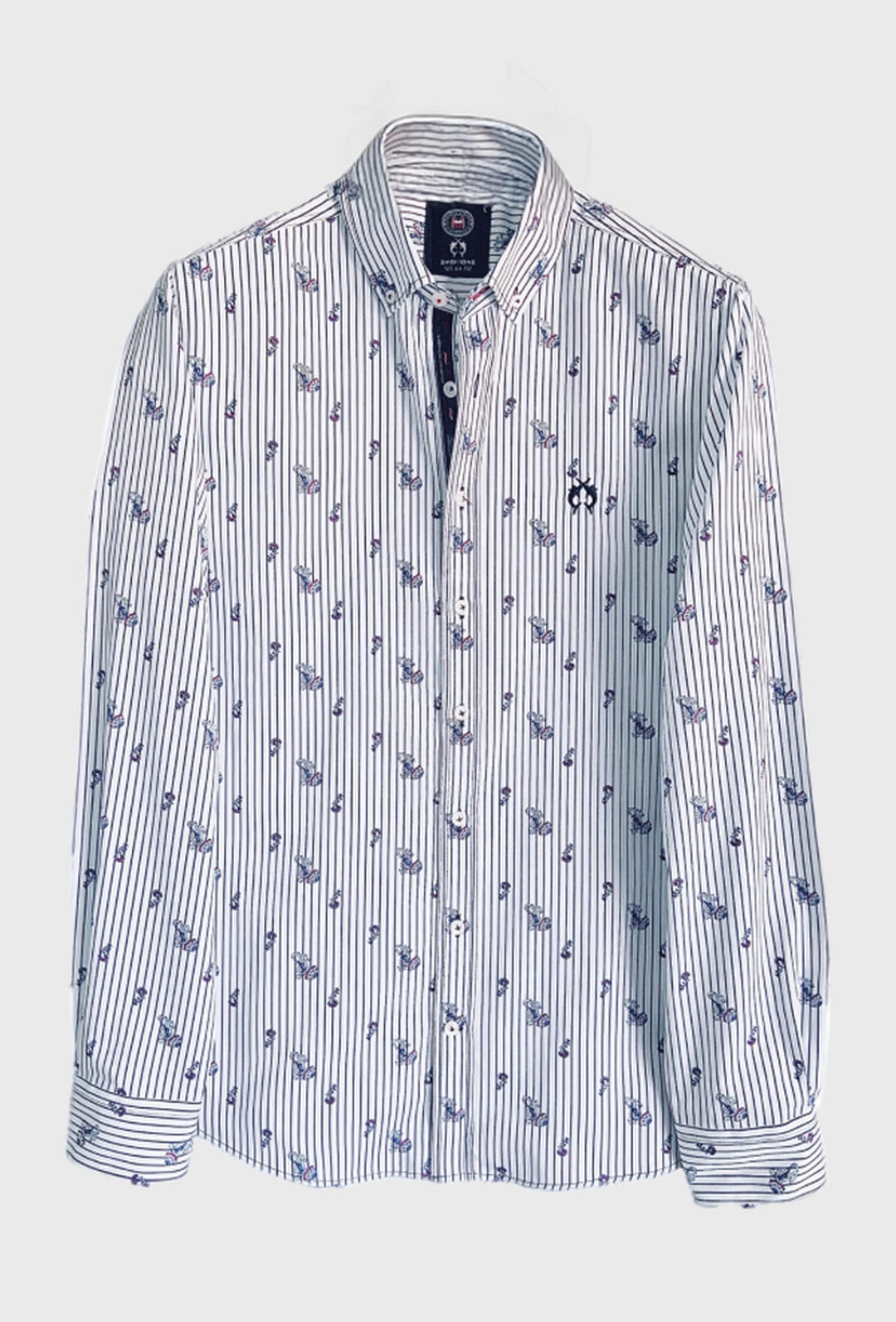 Shirt with vertical, navy blue stripes and minimalist pattern