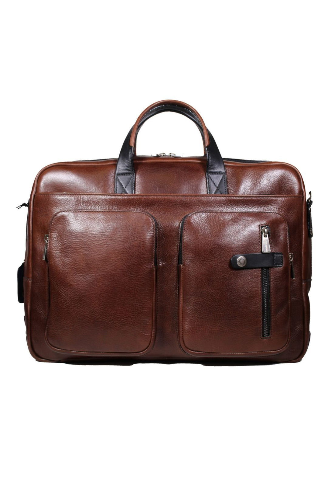 Leather laptop bag with front pockets in brown color
