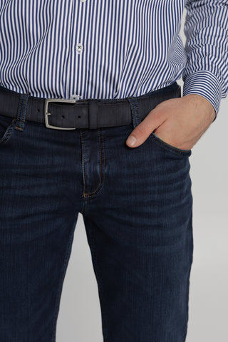 Navy Leather Belt with Embossed Texture