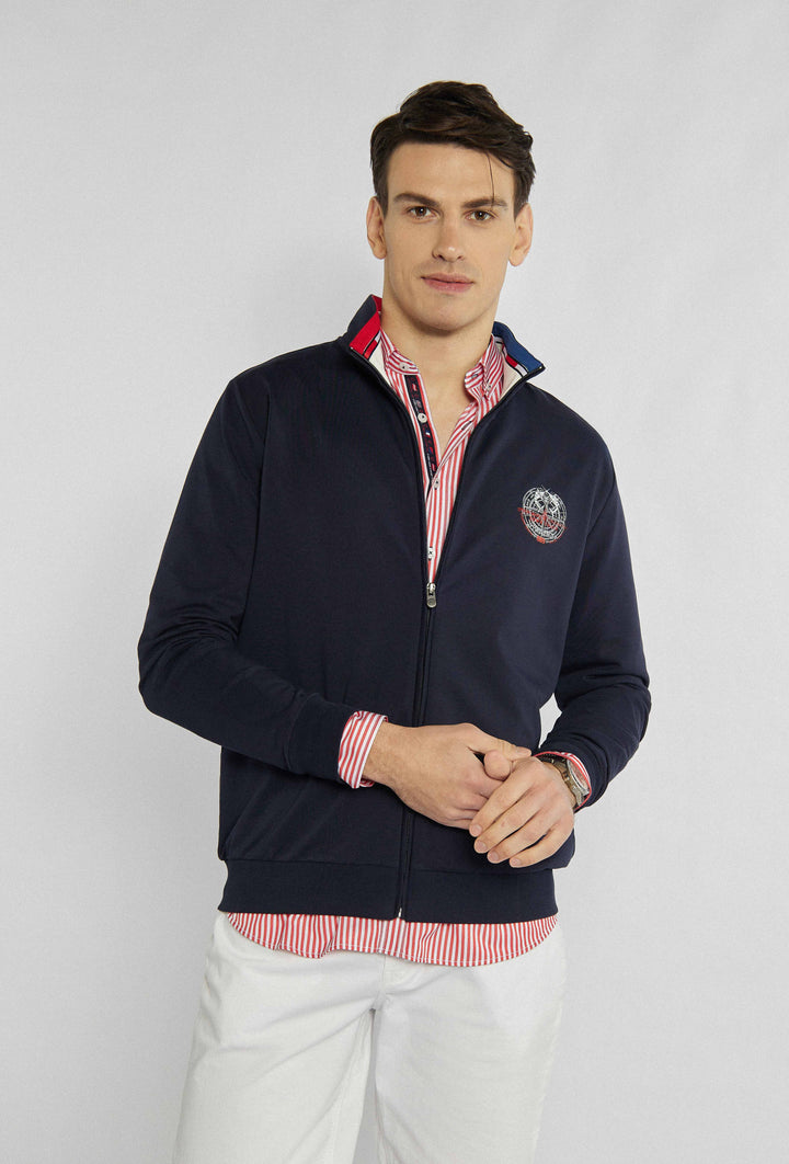 Marineblaues Sweatshirt mit Kragen und Brustaufdruck