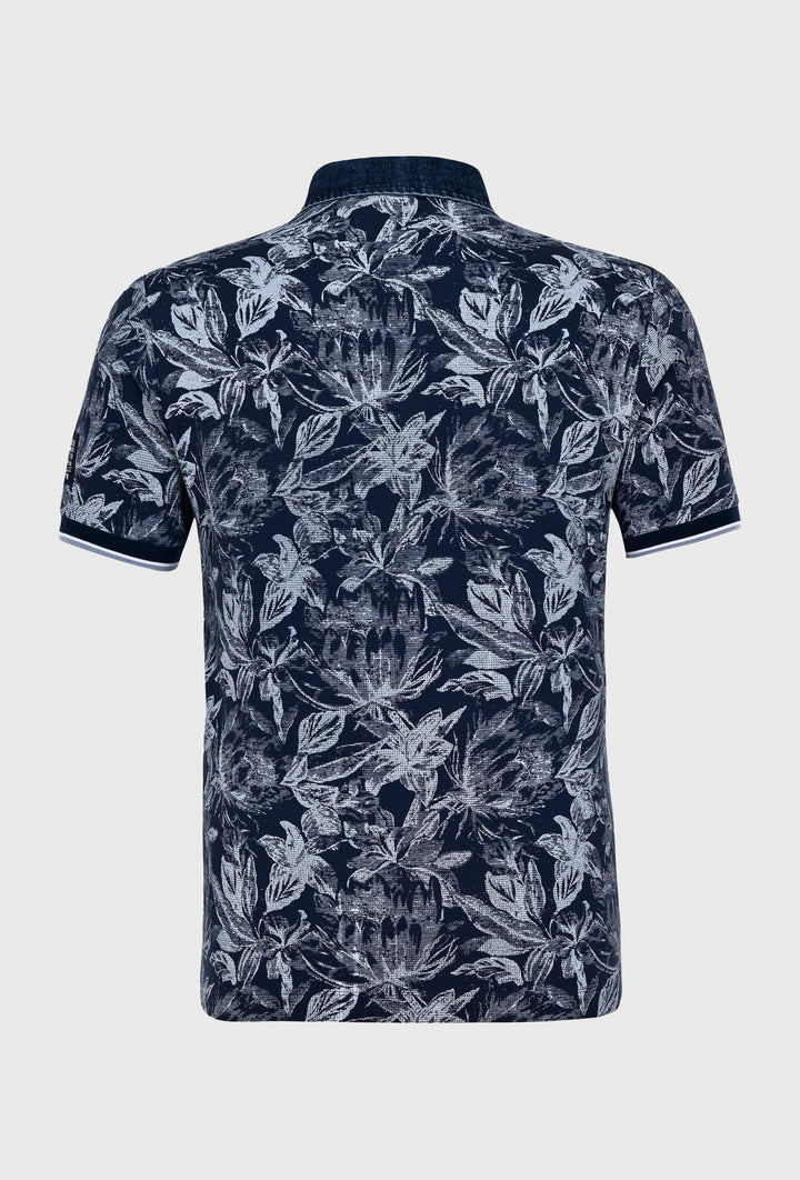 Navy blue polo shirt with floral print