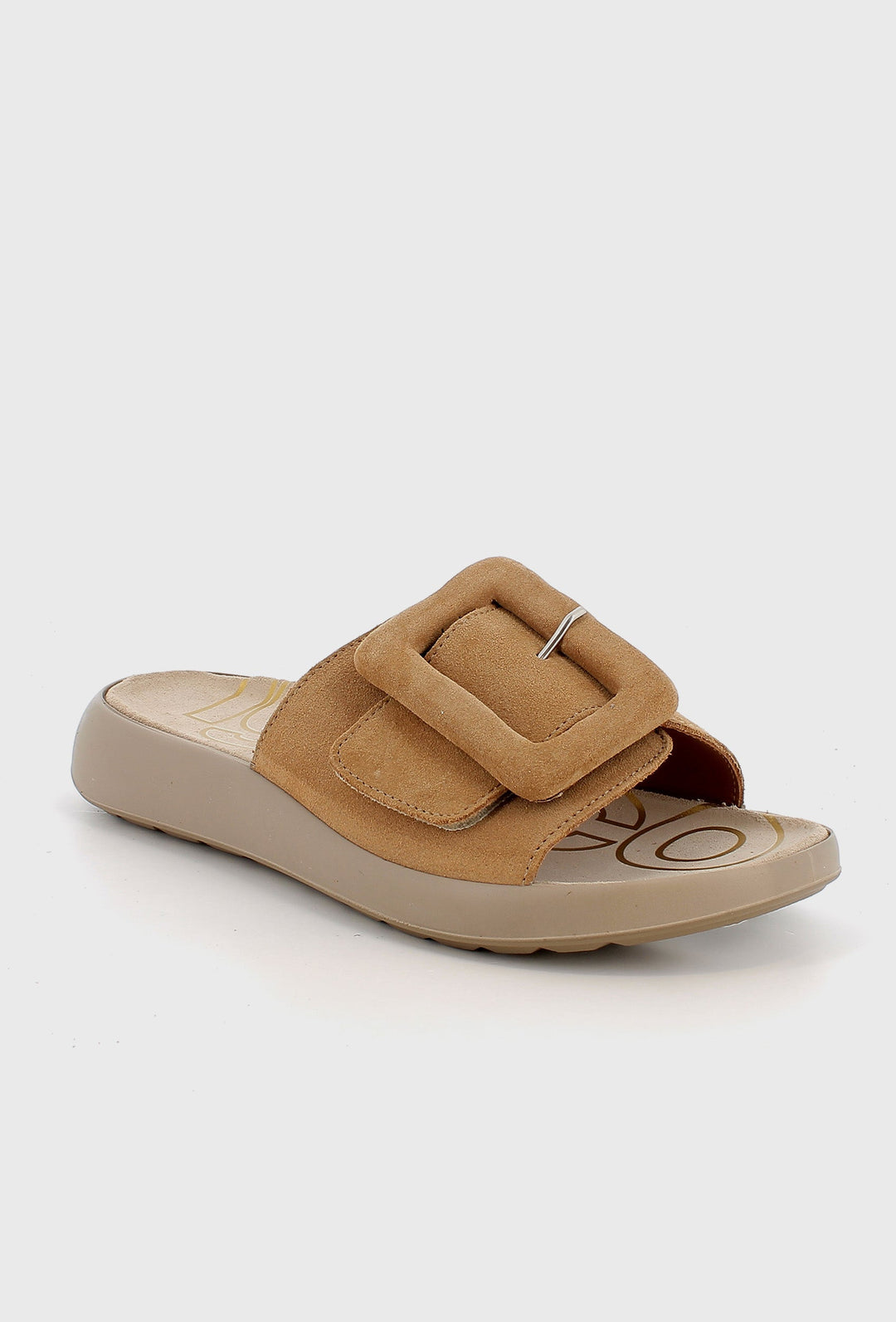 Caramel Suede Slides on a Contoured Beige Sole