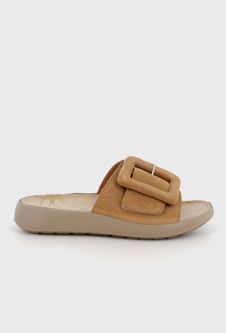 Caramel Suede Slides on a Contoured Beige Sole