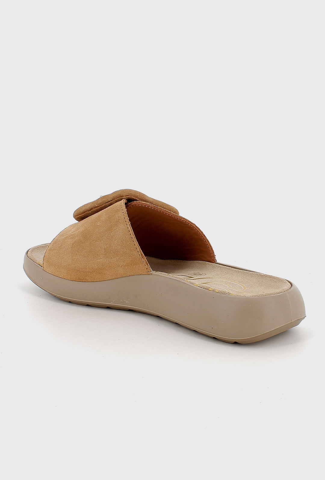 Caramel Suede Slides on a Contoured Beige Sole