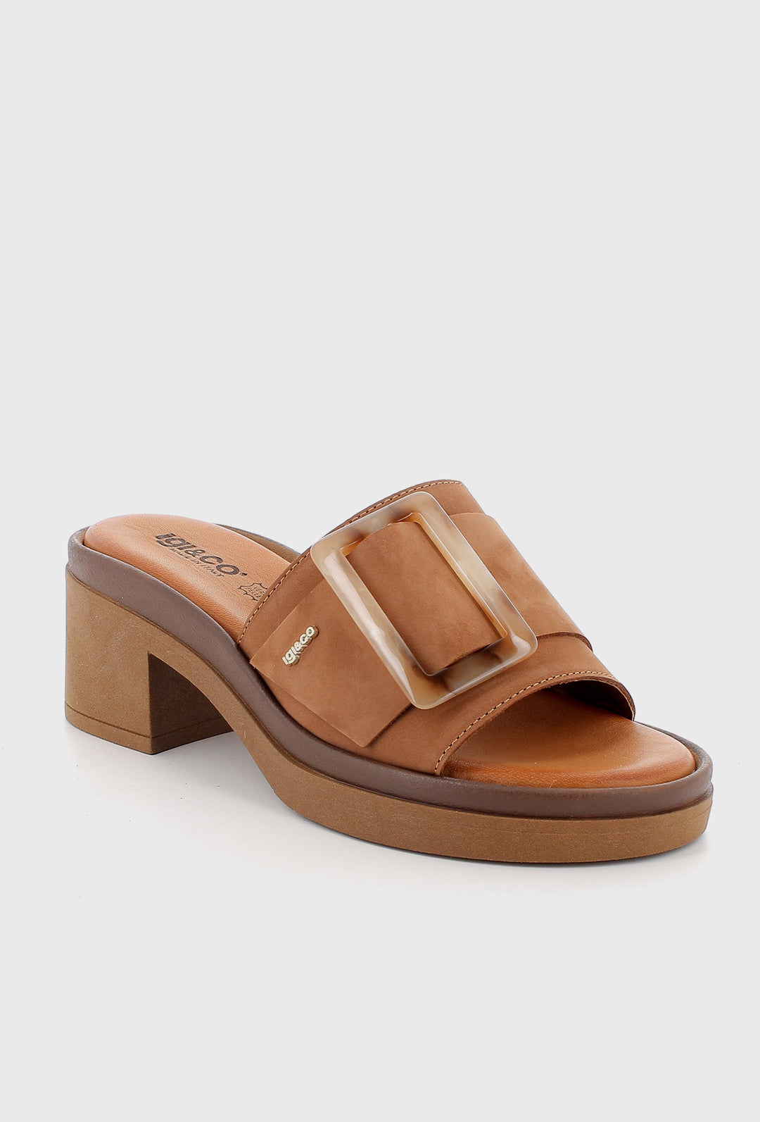 Leather Mules on a Block Heel with Decorative Buckle