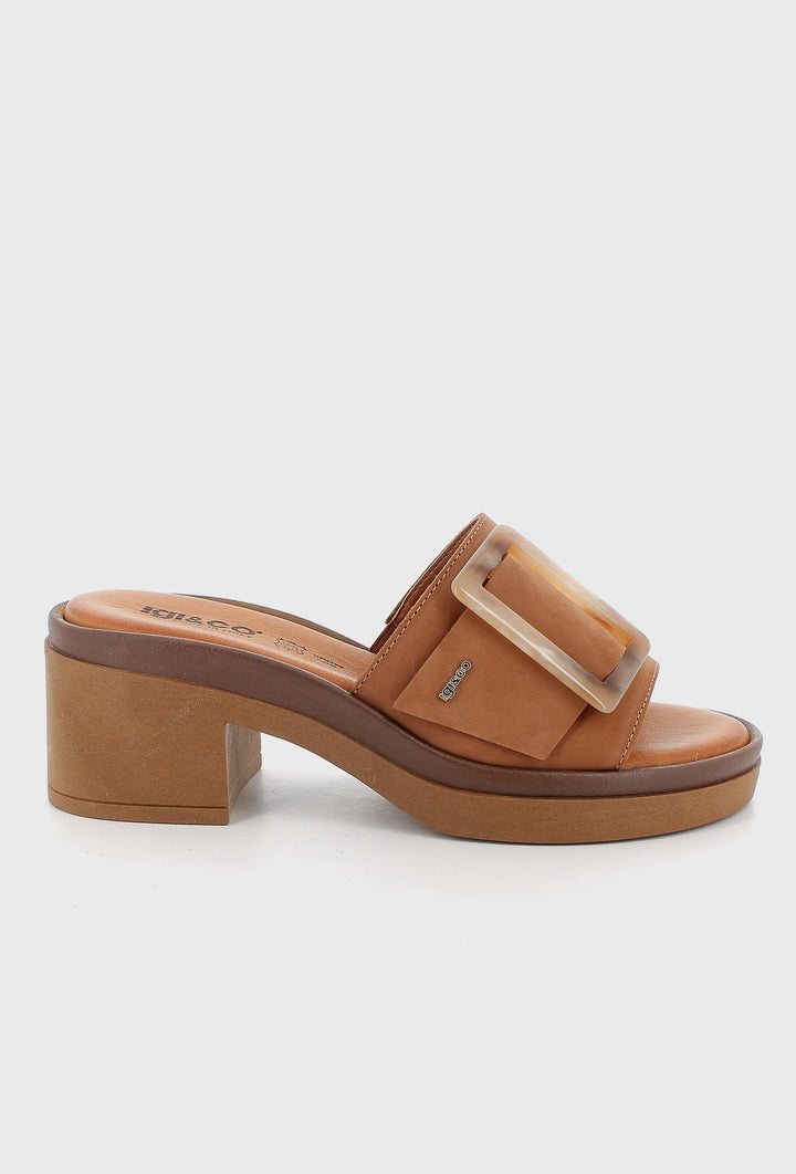 Leather Mules on a Block Heel with Decorative Buckle