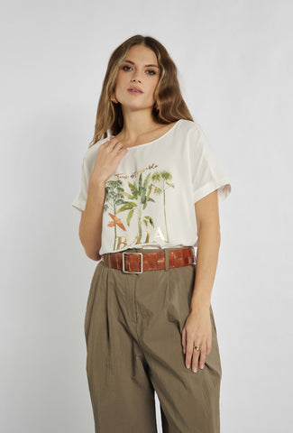 T-shirt in ecrukleur met vakantieprint