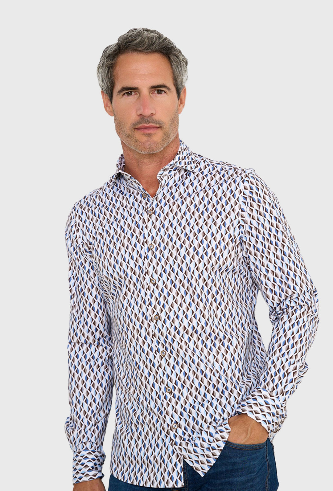 Jersey Shirt with Blue and Brown Geometric Diamond Print