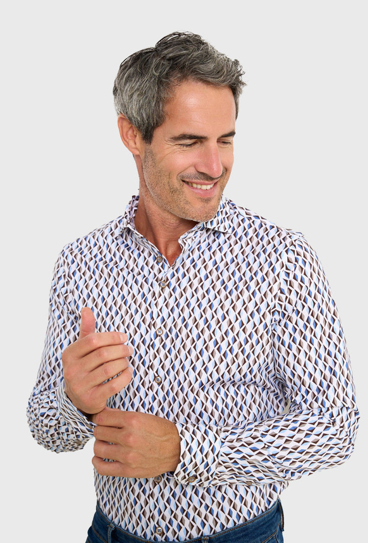Jersey Shirt with Blue and Brown Geometric Diamond Print