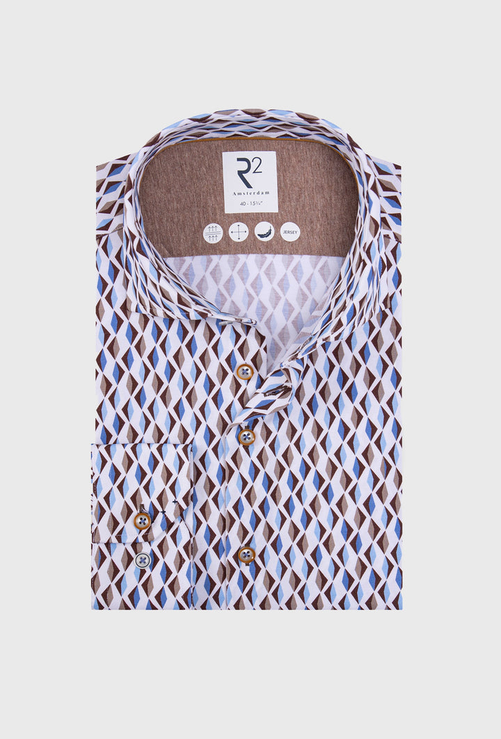 Jersey Shirt with Blue and Brown Geometric Diamond Print