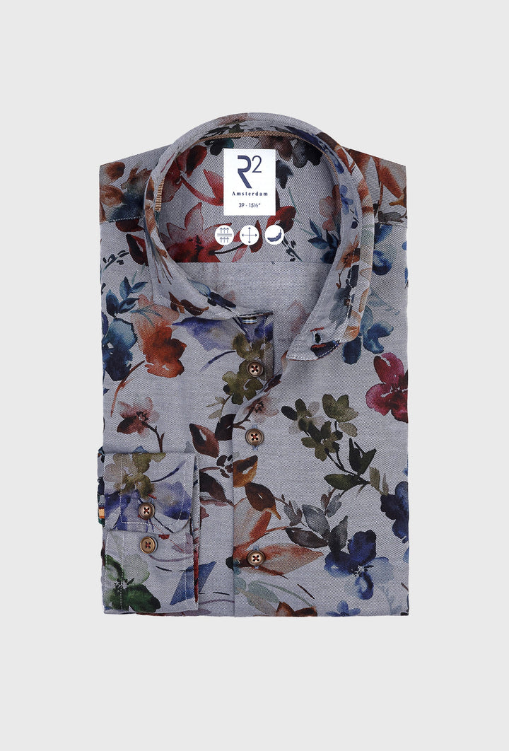 Grey Men's Shirt with Floral Print in Autumn Shades