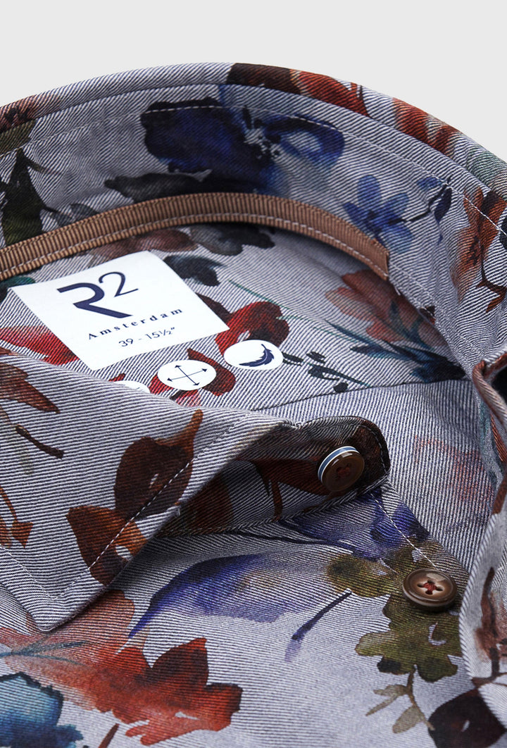 Grey Men's Shirt with Floral Print in Autumn Shades