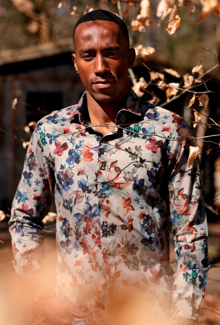 Grey Men's Shirt with Floral Print in Autumn Shades