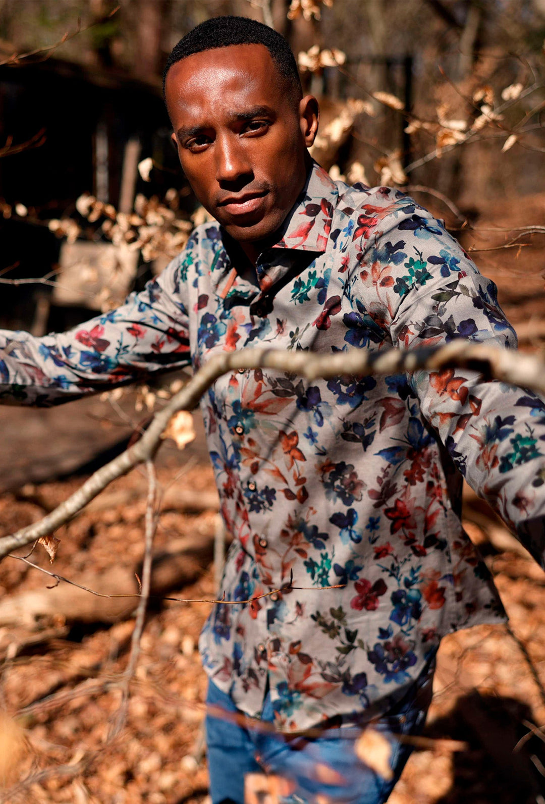 Grey Men's Shirt with Floral Print in Autumn Shades