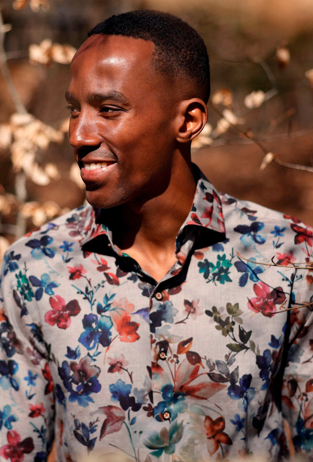 Grey Men's Shirt with Floral Print in Autumn Shades