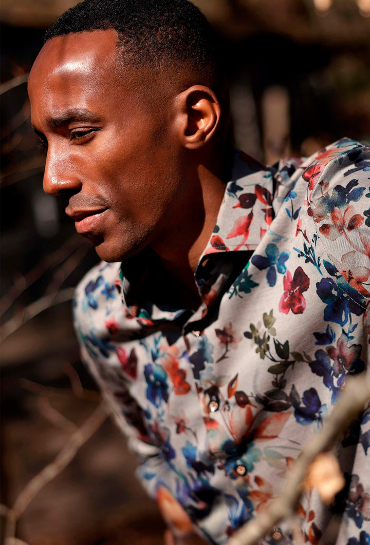 Grey Men's Shirt with Floral Print in Autumn Shades