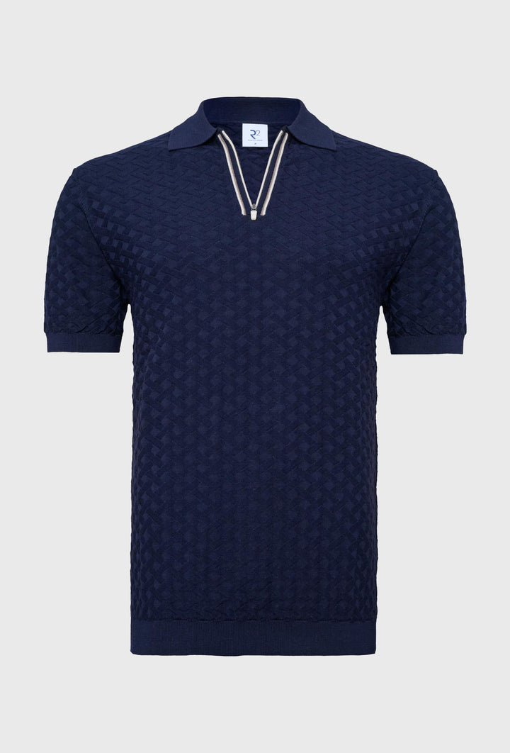 Navy Polo Shirt with Zip and Texture