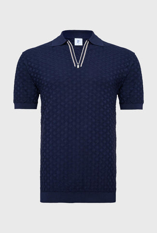 Navy Polo Shirt with Zip and Texture