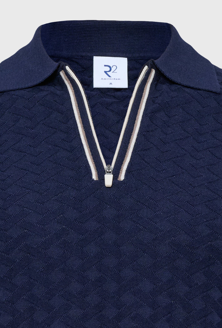 Navy Polo Shirt with Zip and Texture