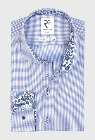 Men's Blue Shirt with Floral Collar-Stand Trim