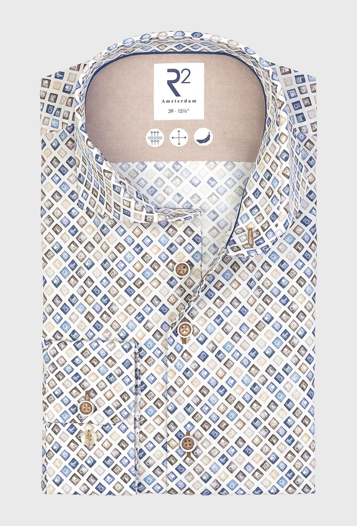 Elegant Cotton Shirt in Light Blue and Brown Geometric Print