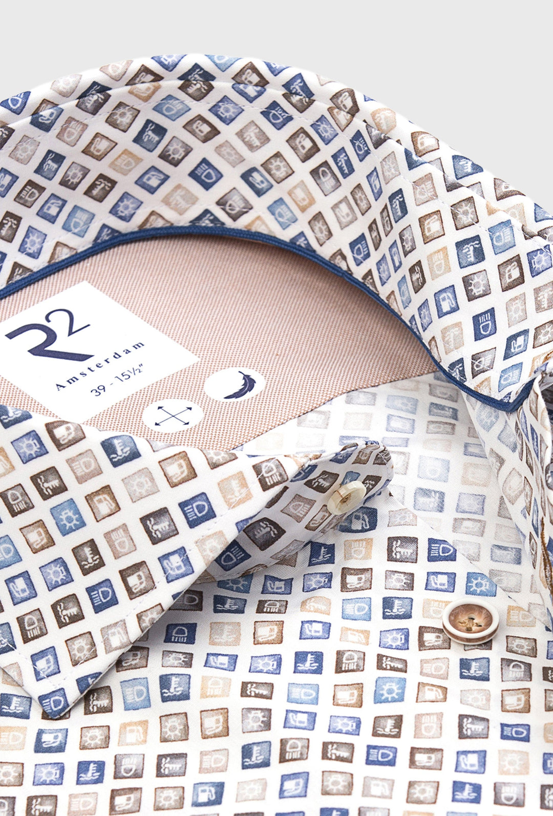 Elegant Cotton Shirt in Light Blue and Brown Geometric Print