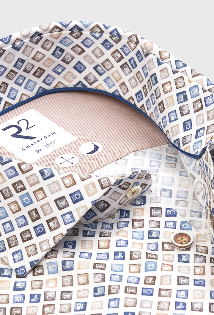 Elegant Cotton Shirt in Light Blue and Brown Geometric Print