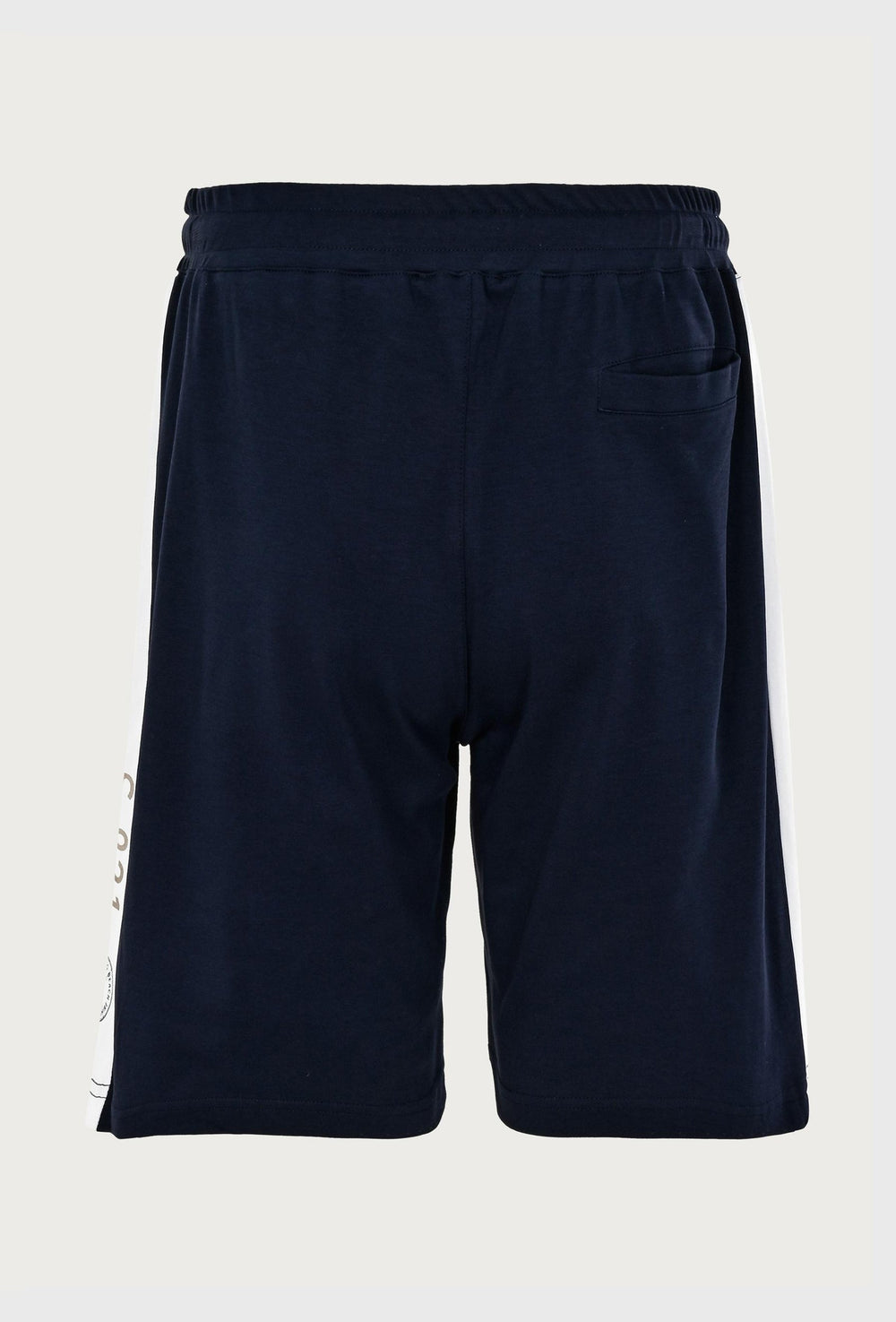 Navy blue shorts with a contrasting color leopard stripe