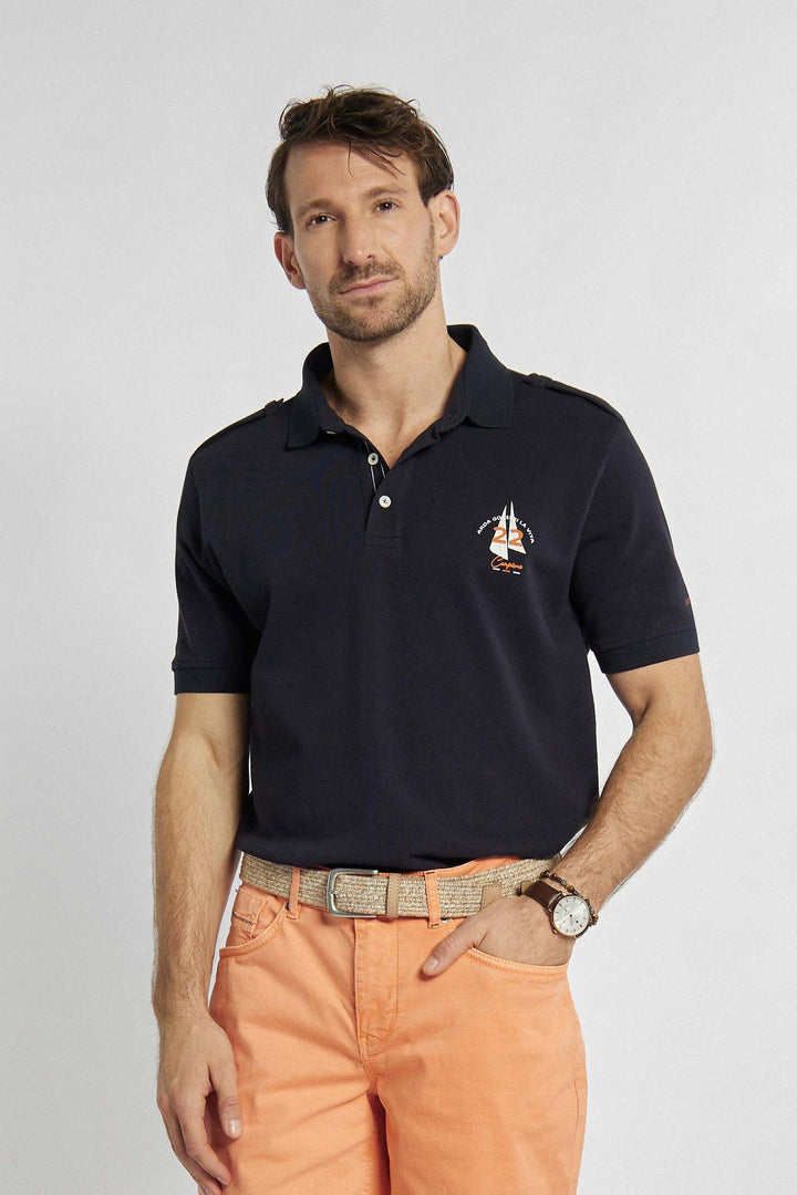 Marineblauw poloshirt met nautisch, subtiel patroon