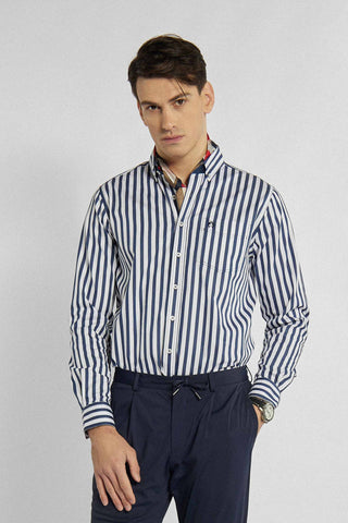 Wit overhemd met dikke verticale strepen in marineblauw Regular Fit