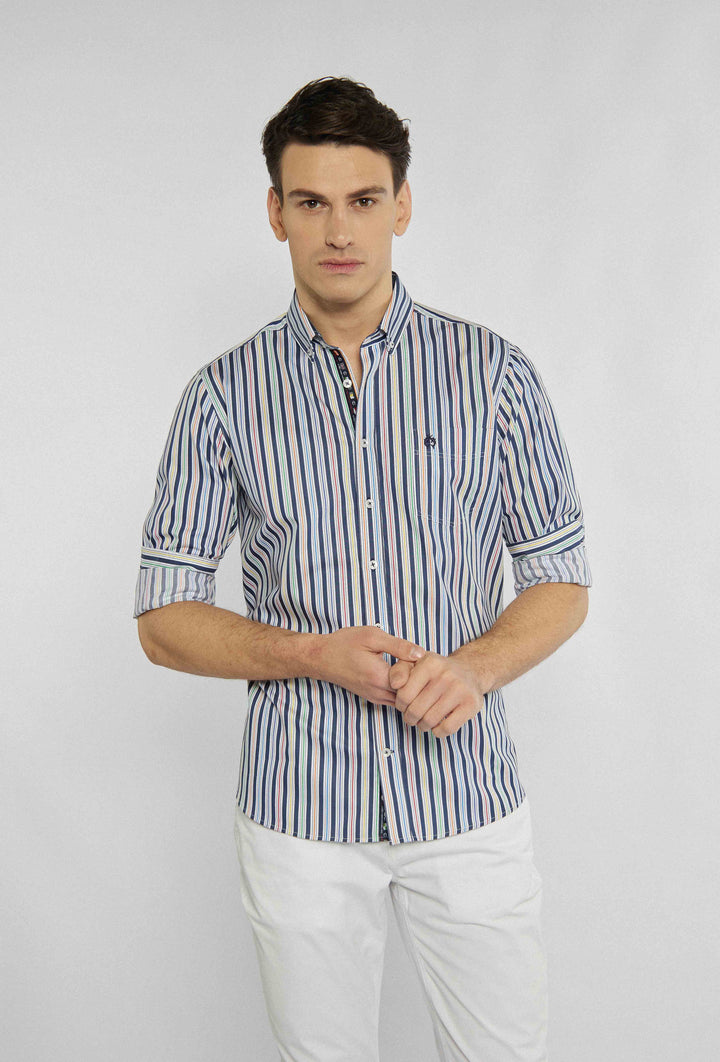 Stylish men's button-down shirt with multicolored vertical stripes Modern Fit
