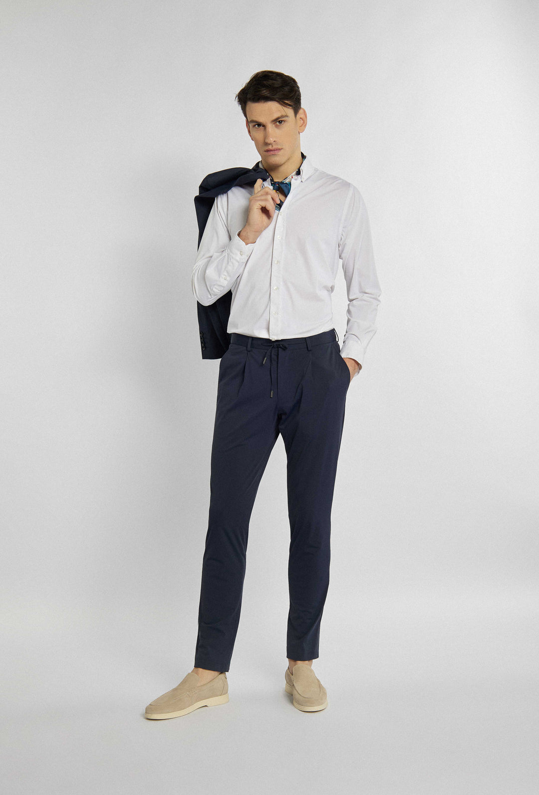 White shirt, simple, classic cut, no accessories