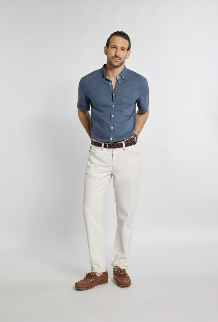 Navy blue button-down shirt with short sleeves