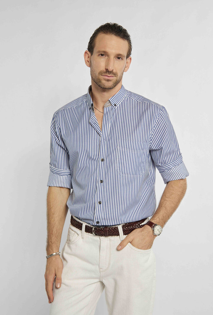 Classic shirt with vertical navy blue and white stripes