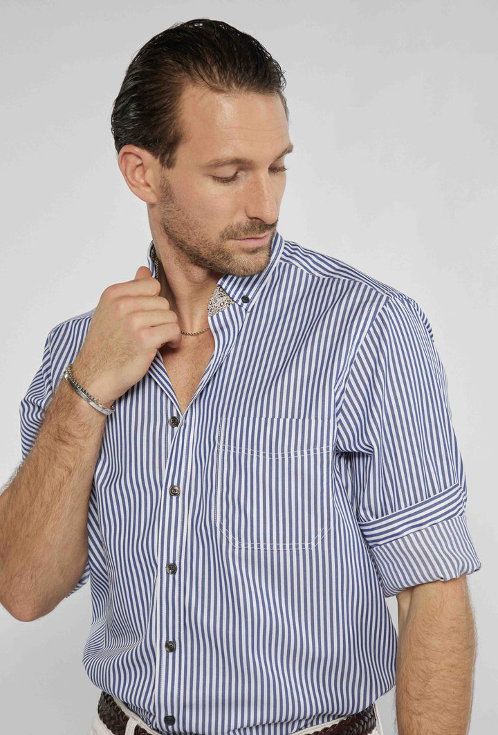 Classic shirt with vertical navy blue and white stripes