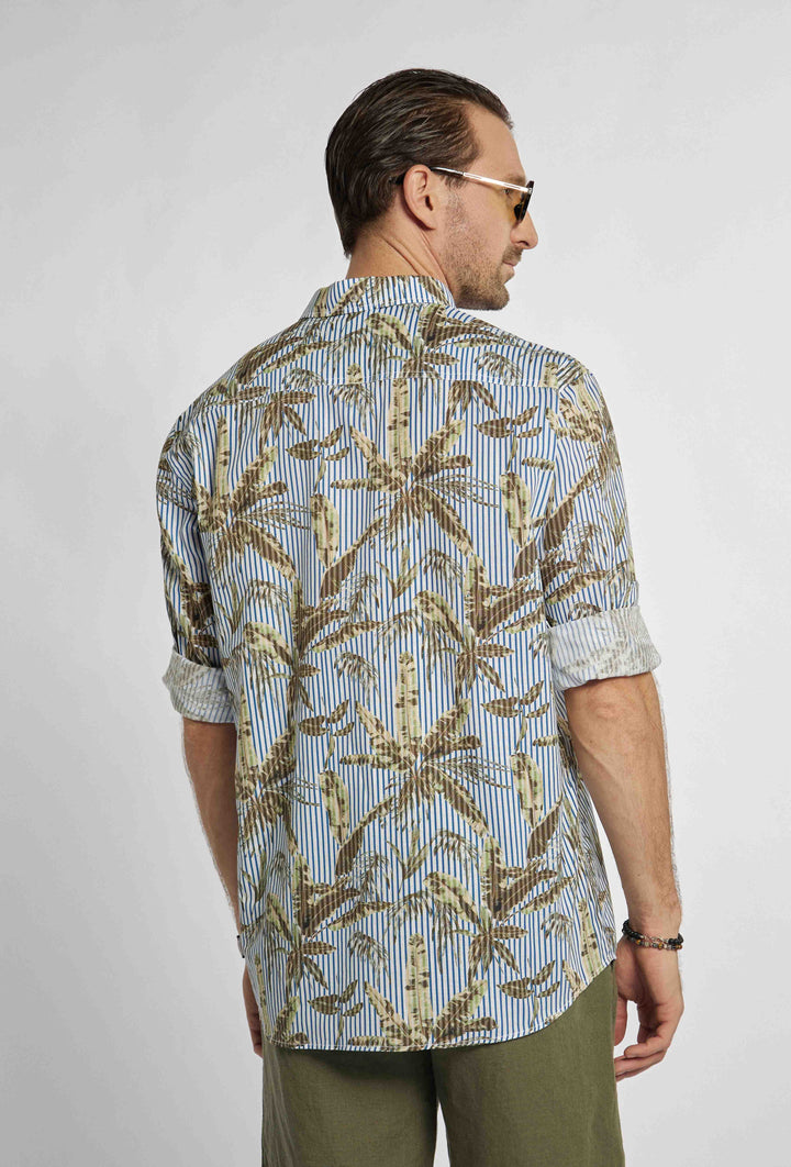 Chemise à rayures bleu marine et blanches et motif feuillu