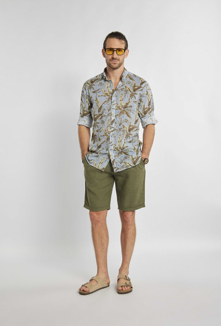 Shirt with navy blue and white stripes and leafy pattern