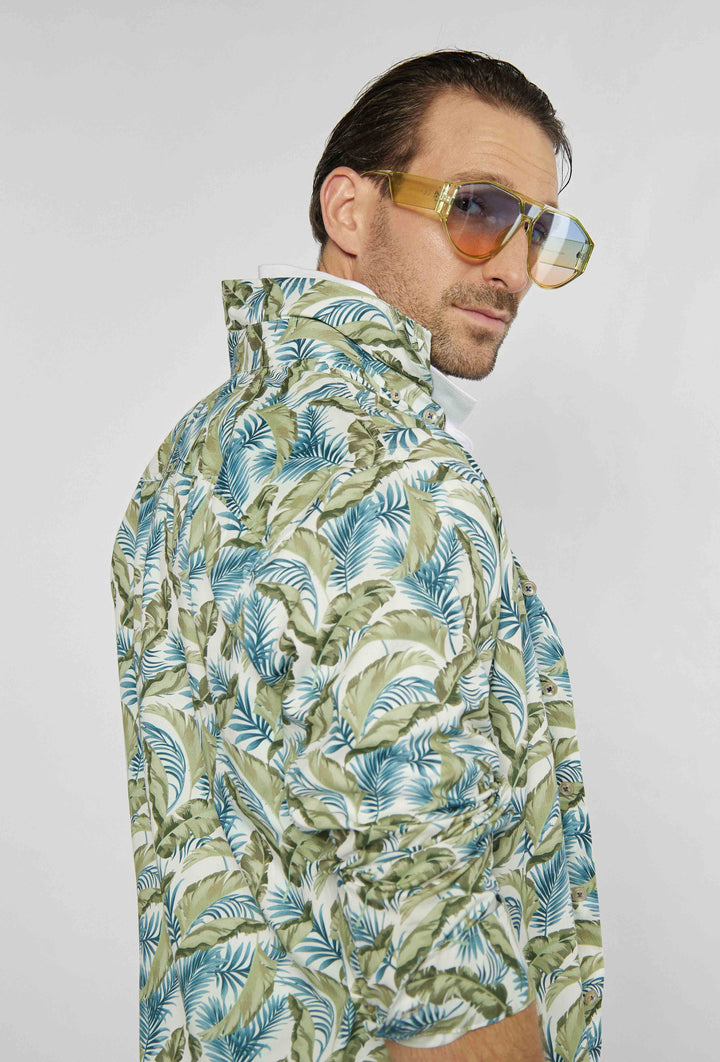 Chemise Campione blanche à motif feuilles bicolores