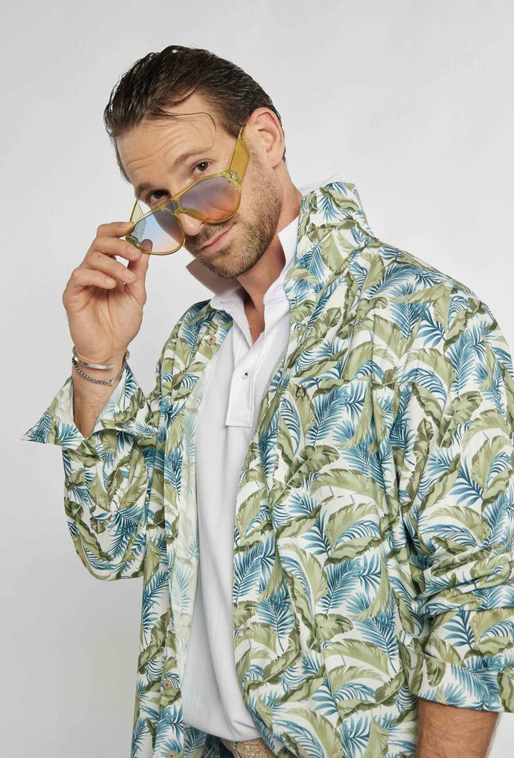 Chemise Campione blanche à motif feuilles bicolores