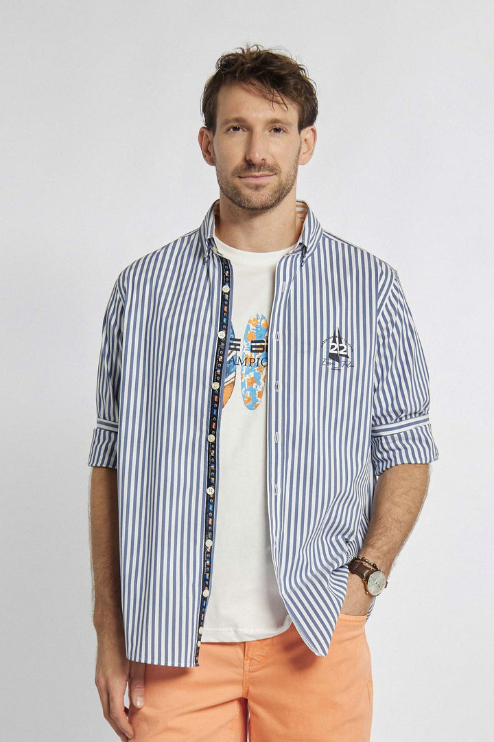 Campion shirt met dunne marineblauwe en witte strepen en print op de borst
