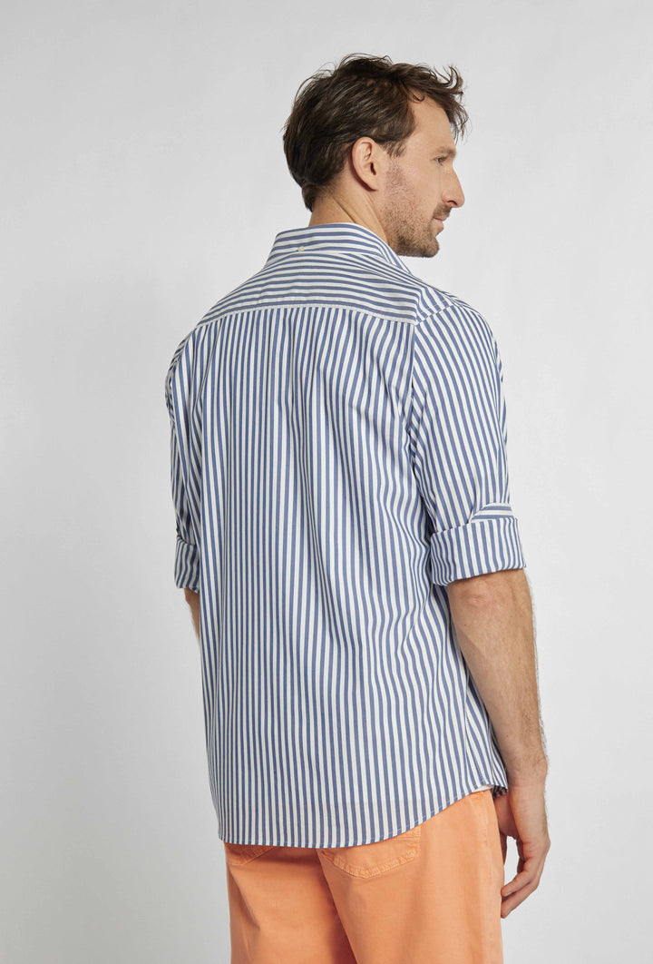 Campion shirt met dunne marineblauwe en witte strepen en print op de borst