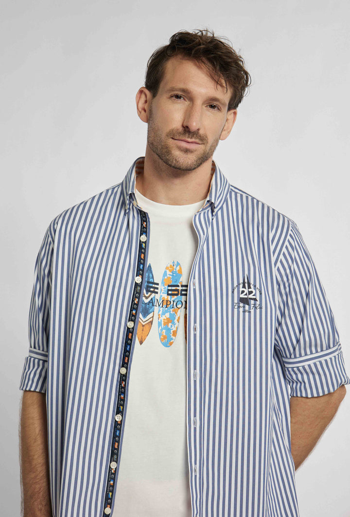 Campion shirt met dunne marineblauwe en witte strepen en print op de borst