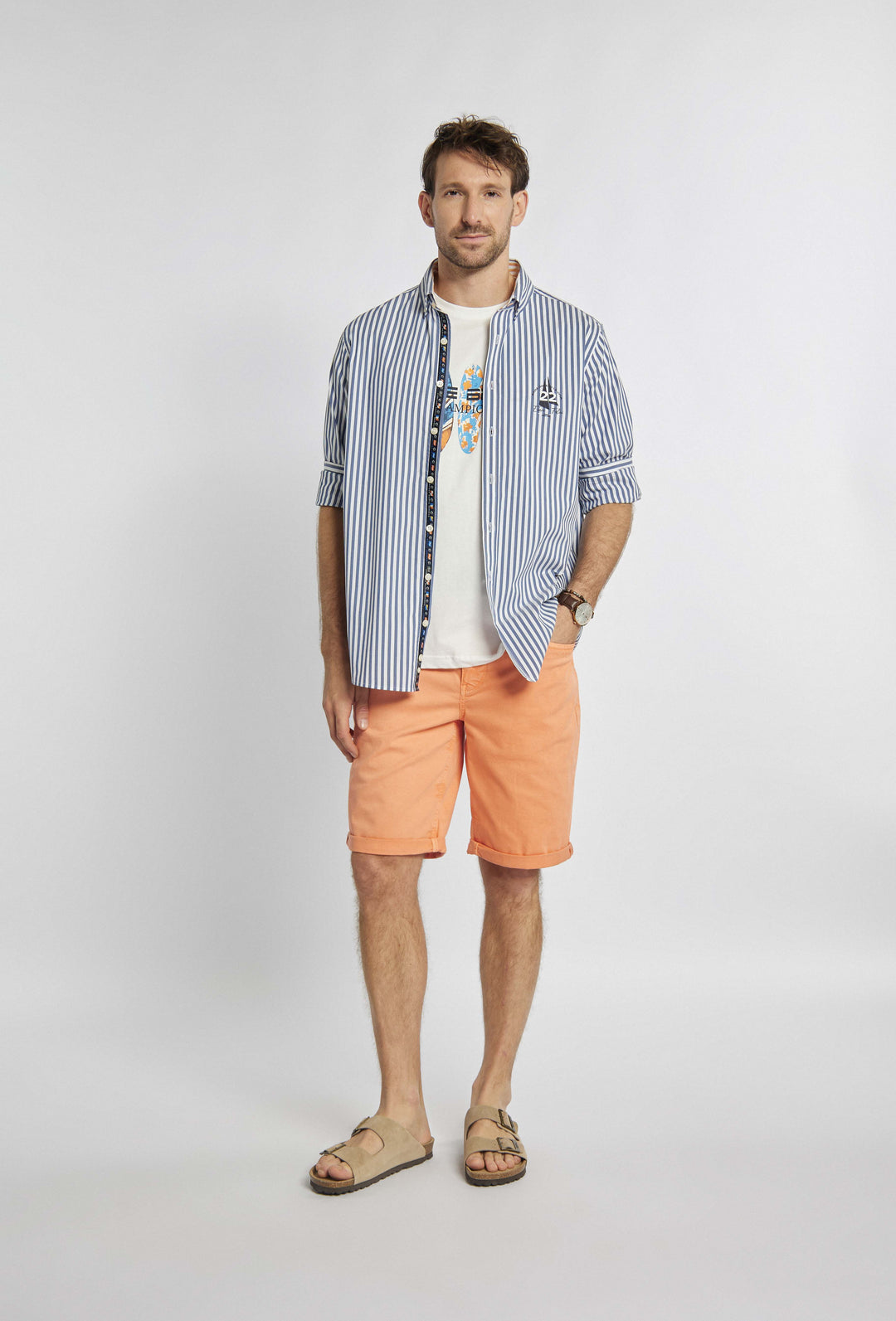Campion shirt met dunne marineblauwe en witte strepen en print op de borst