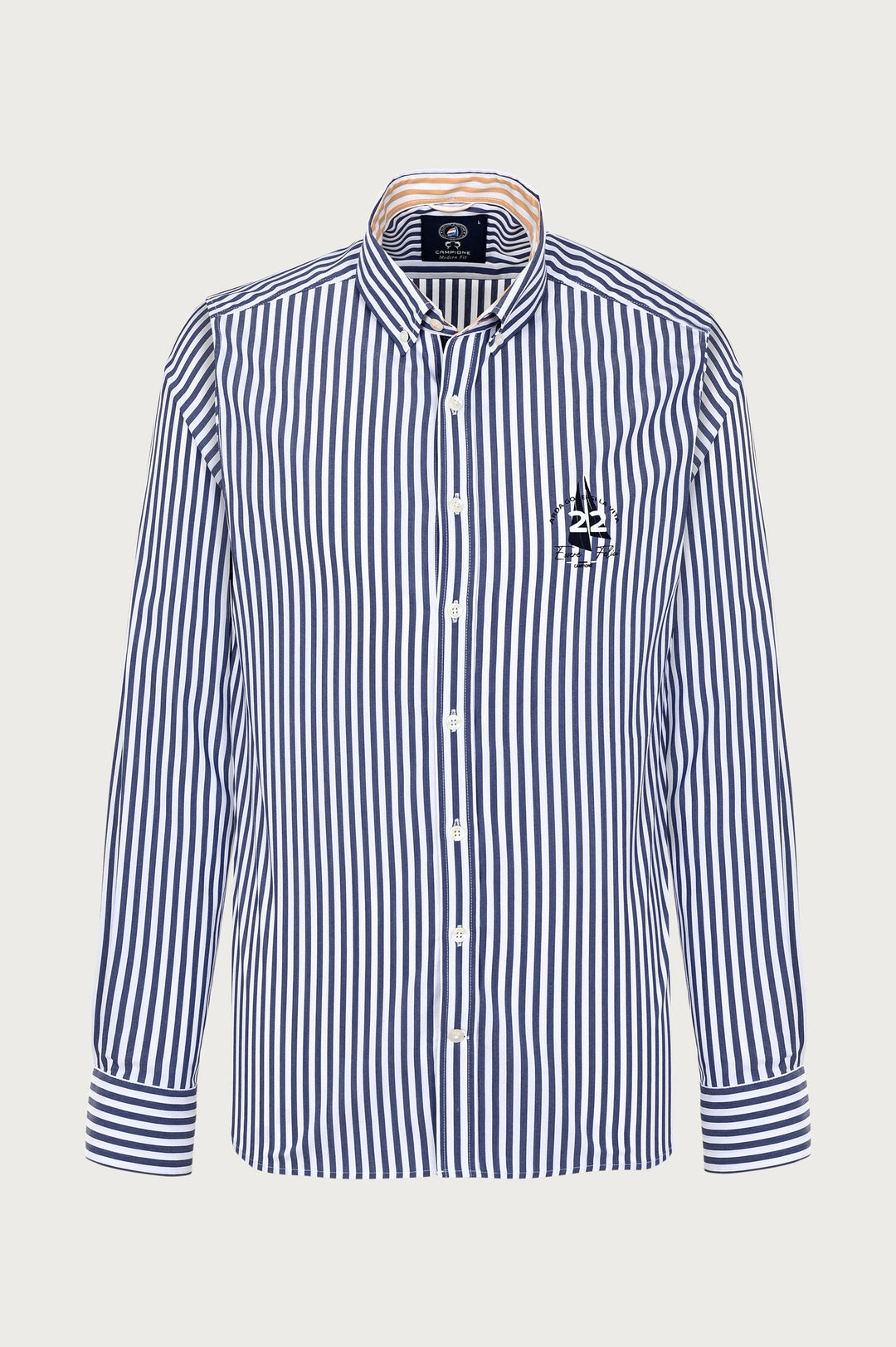 Campion shirt met dunne marineblauwe en witte strepen en print op de borst