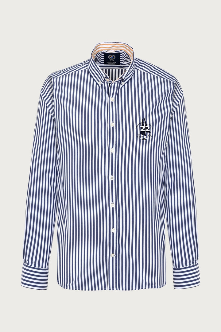 Campion shirt met dunne marineblauwe en witte strepen en print op de borst