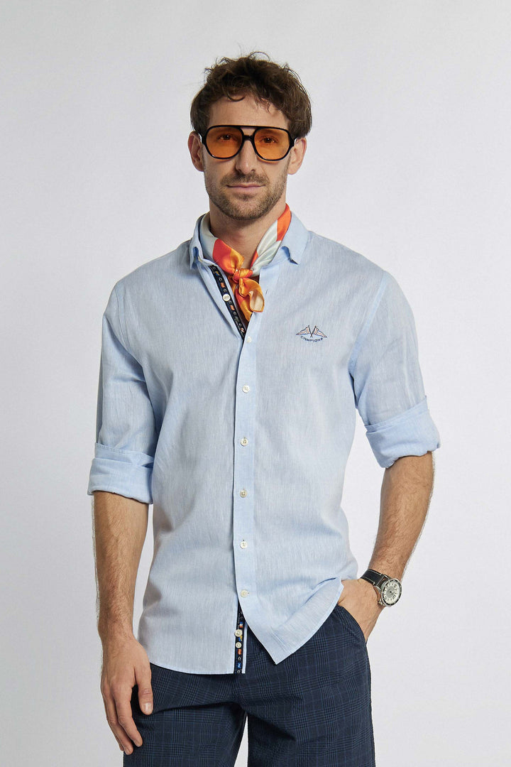 Blauw overhemd van Campione met subtiele minimalistische nautische print op de borst Modern Fit