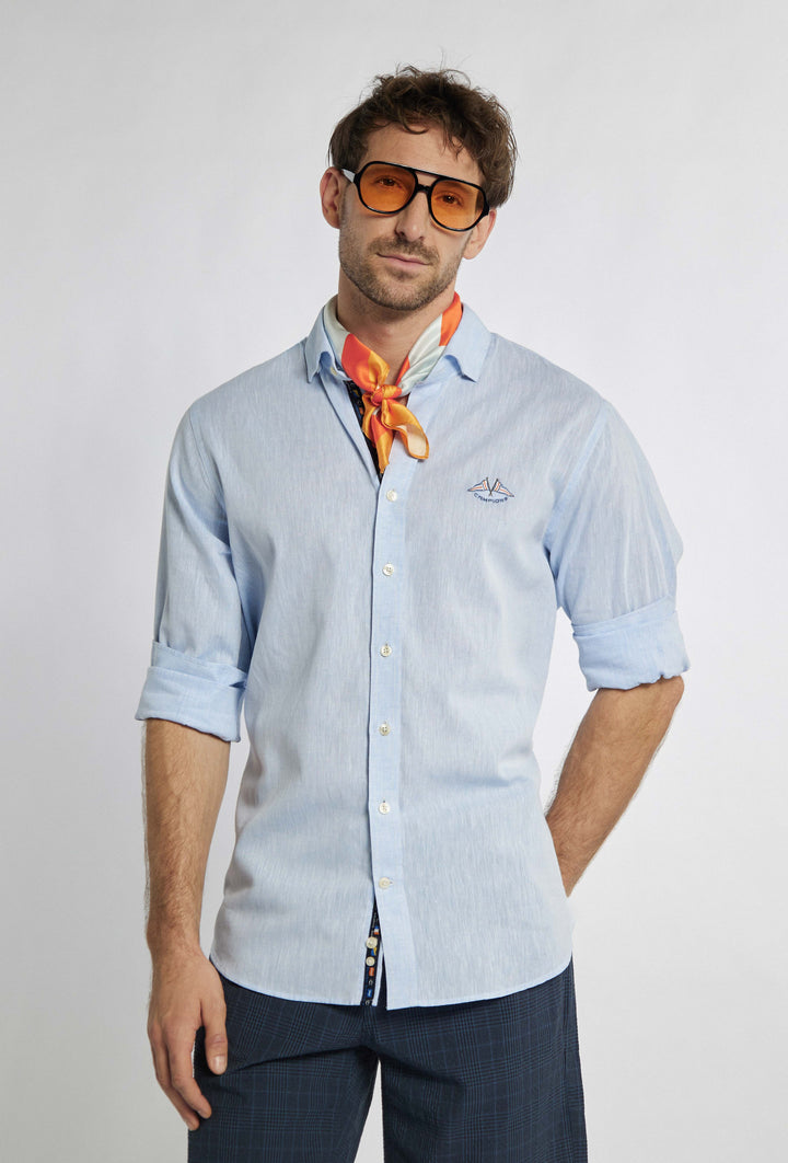 Blauw overhemd van Campione met subtiele minimalistische nautische print op de borst Modern Fit