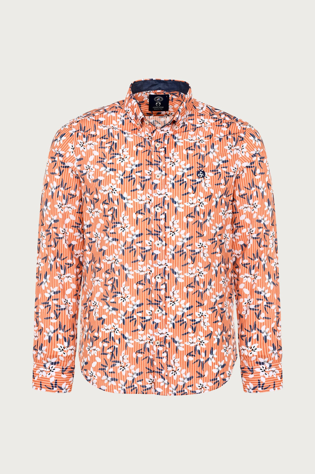 Chemise orange avec un motif floral inhabituel blanc et bleu marine