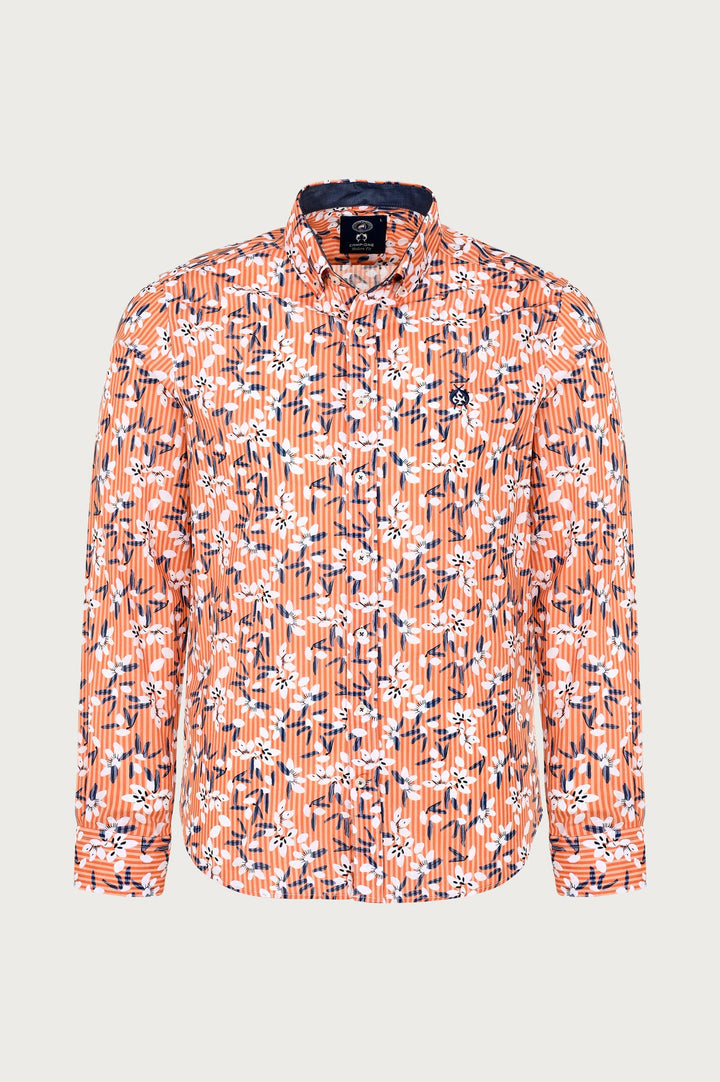 Chemise orange avec un motif floral inhabituel blanc et bleu marine