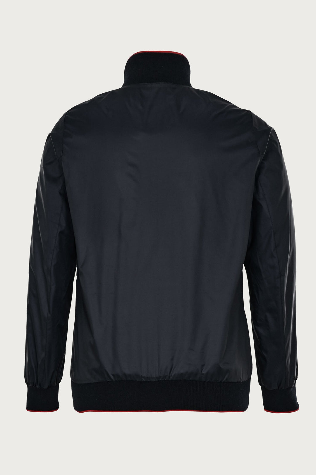 Black jacket with ribbed trims and red accessories
